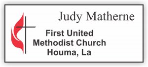 (image for) First United Methodist Church White Square Corners badge - LASER ENGRAVED WORDS