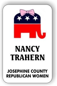 (image for) Josephine County Republican Women White Badge (Pink Bow No Stars Version)